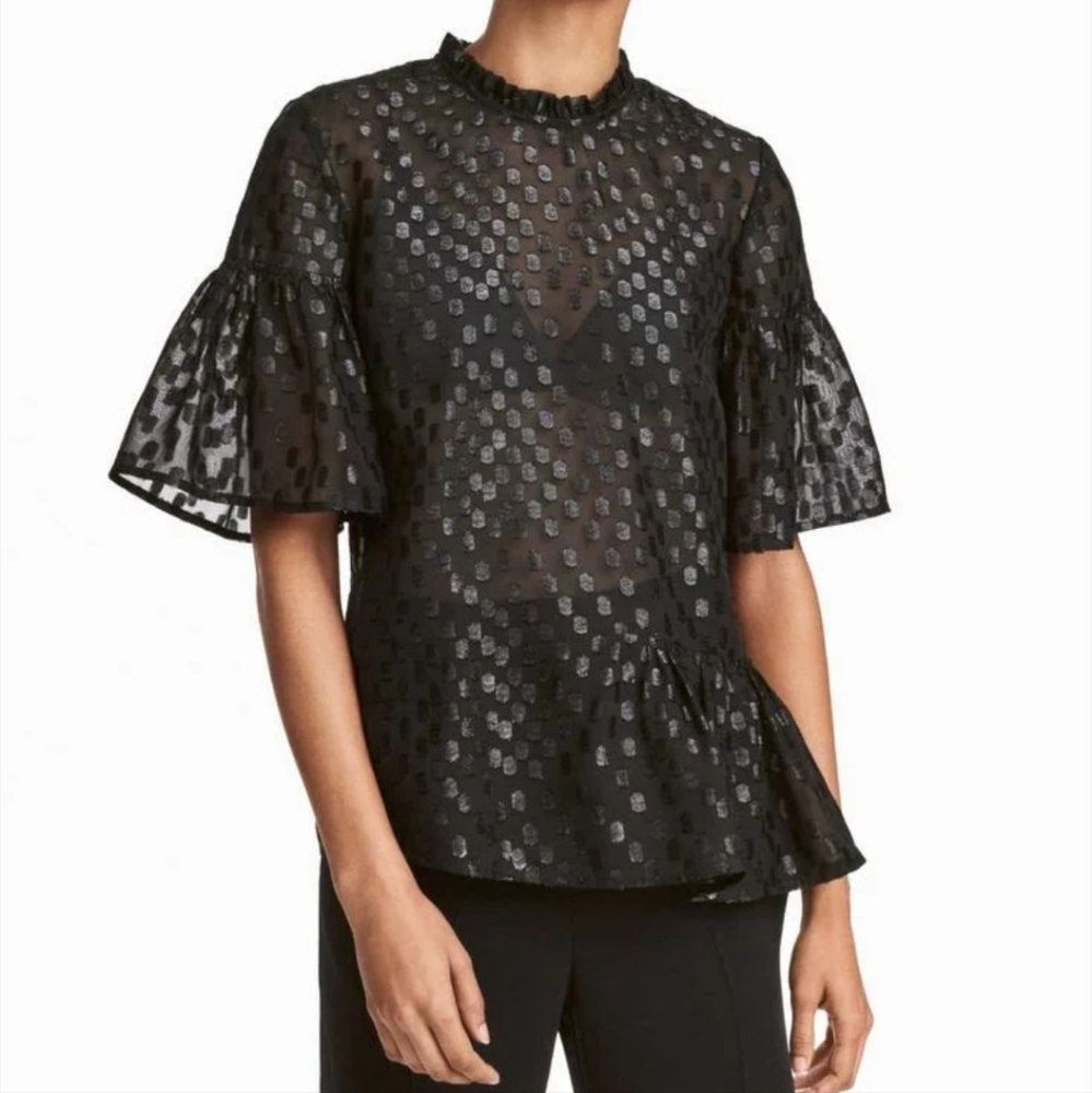 H&M Black Sheer Top Polka-dot Ruffled Witchy Bohemian Goth High-neck Boxy Sz 6
